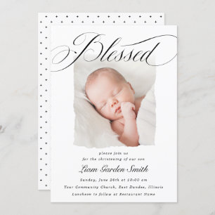 Convite Elegante Script Bendito Christening Baptism Foto I