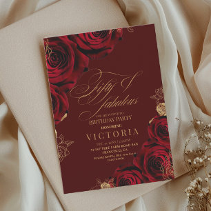 Convite Elegante Script Bordeaux Rosa Dourada 50º Aniversá