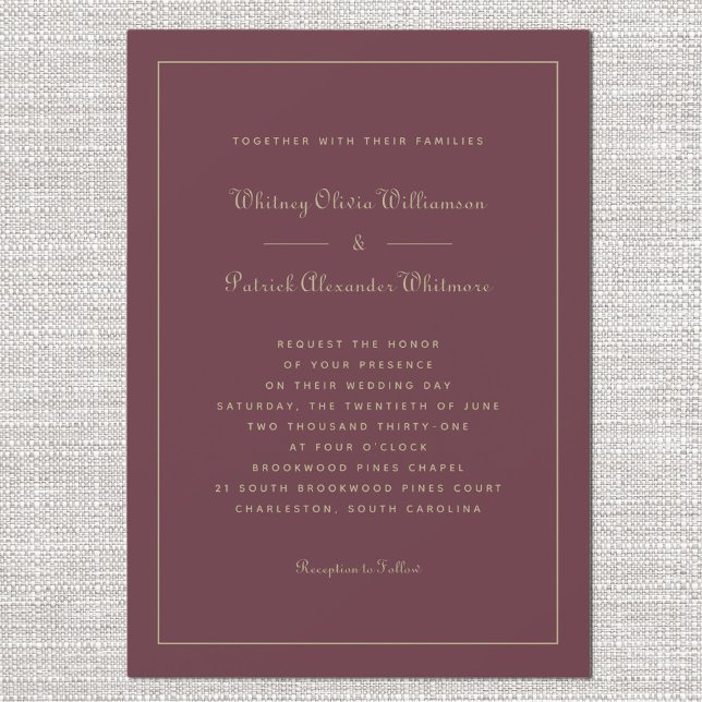 Convite Elegante Script Burgundy Dourado Sofisticado Casam (Elegant Script Burgundy Gold Chic Formal Weddings Invitation)