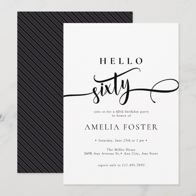 Convite Elegante Script Chic 60º Aniversário (Frente/Verso)