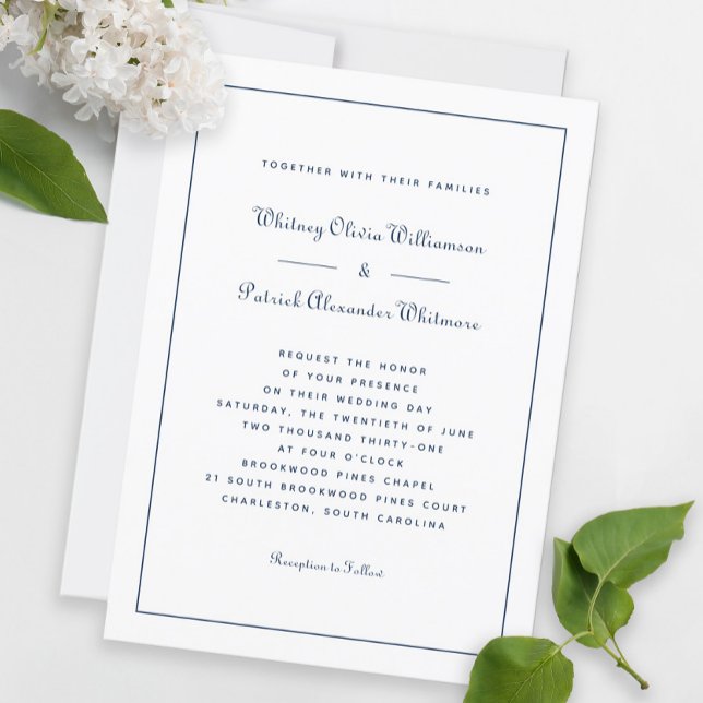 Convite Elegante Script Clássico Azul Marinho Branco Casam (Criador carregado)
