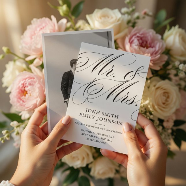 Convite Elegante Script de Foto de Casamento Sr & Sra Cali (Criador carregado)