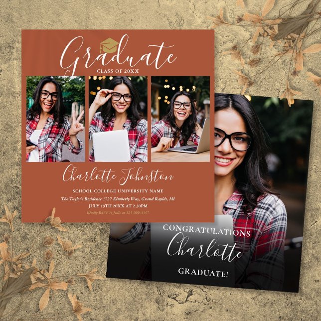 Convite Elegante Script de Terracota 4 Festa de Formatura  (Elegant Terracotta Script 4 Photo Graduation Party Invitation)