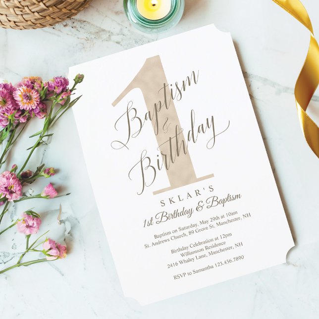 Convite Elegante Script Dourado Bebê primeiro aniversario  (Elegant Script Rose Baby's 1st Birthday & Baptism Invitation)