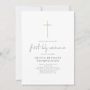 Convite Elegante Script Dourado Cruz Primeira Comunhão San