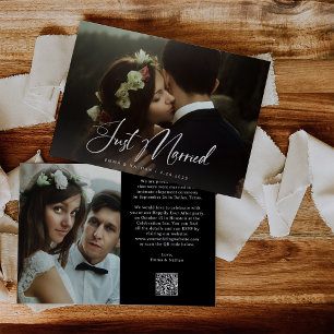 Convite Elegante Script e Preto Código QR Recém-Casados