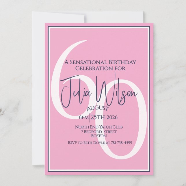 Convite Elegante Script em Camadas Rosa Aniversário de 60  (Frente)