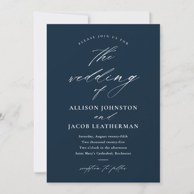 Convite Elegante Script Foto Casamento Azul-Navy (Frente)