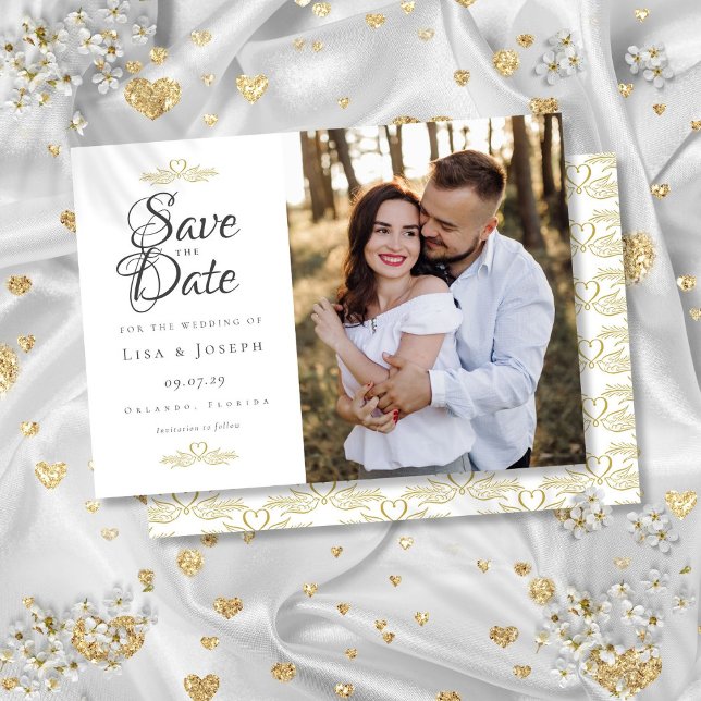 Convite Elegante Script Foto Coração Save the Date  (Elegant Script Photo Gold Heart Save the Date Invitation)