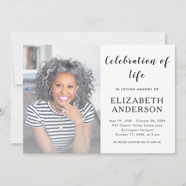 Convite Elegante Script Funeral Foto Celebração da Vida (Frente)