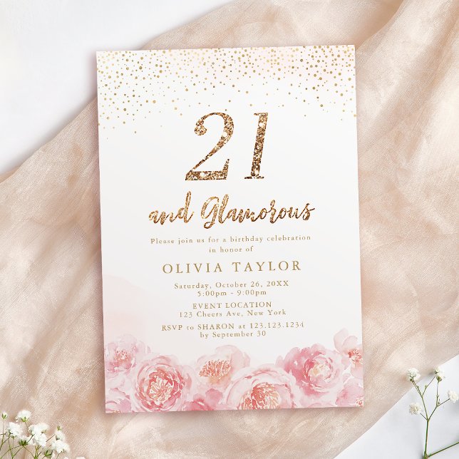 Convite Elegante script gold & blush aniversário de 21 ano (Elegant script gold & blush floral 21st birthday invitation)