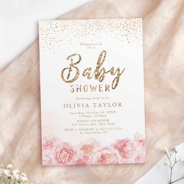 Convite Elegante script gold & blush chá de fraldas floral (Elegant script gold & blush floral baby shower invitation)