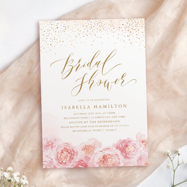 Convite Elegante script gold & blush chá de panela floral (Elegant script gold & blush floral bridal shower invitation)