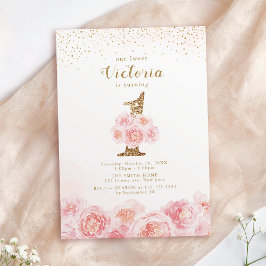 Convite Elegante script gold & blush primeiro aniversario 