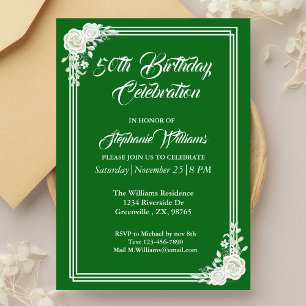 Convite Elegante Script Green White Rose 50th Birthday