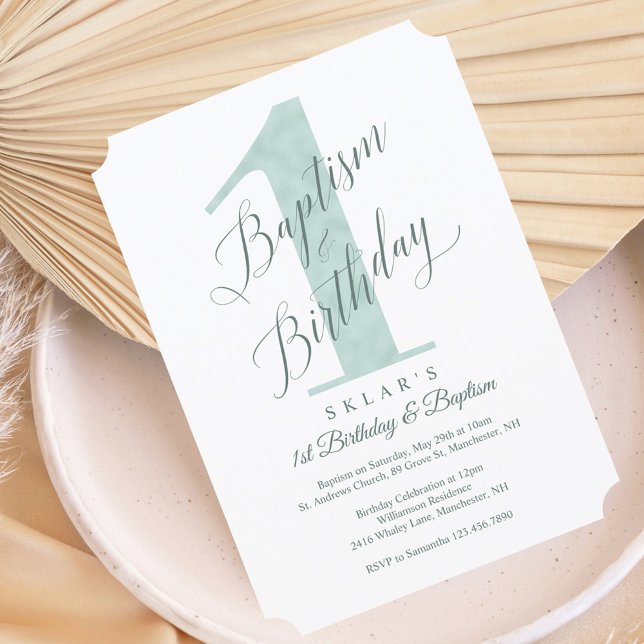 Convite Elegante Script Mint Baby's primeiro aniversario & (Elegant Script Mint Baby's 1st Birthday & Baptism Invitation)