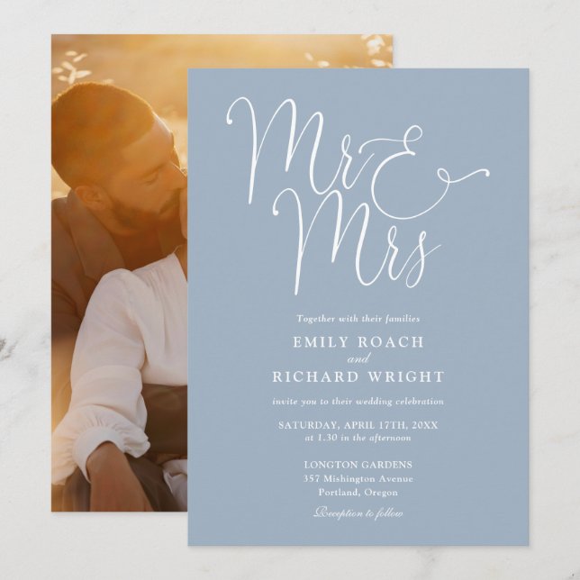 Convite Elegante Script Mr e Mrs Foto Casamento Azul Poeir (Frente/Verso)