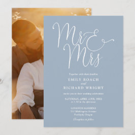 Convite Elegante Script Mr e Mrs Foto Casamento Azul Poeir