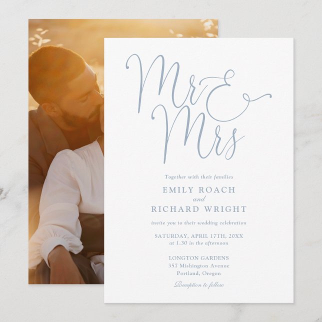 Convite Elegante Script Mr e Mrs Foto Casamento Azul Poeir (Frente/Verso)