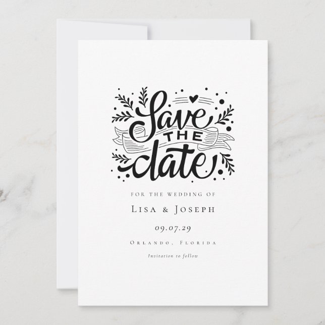 Convite Elegante Script Preto e Branco Salvar a Data (Frente)