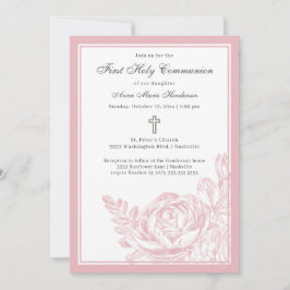 Convite Elegante Script Rosa Floral Primeira Comunhão Sagr