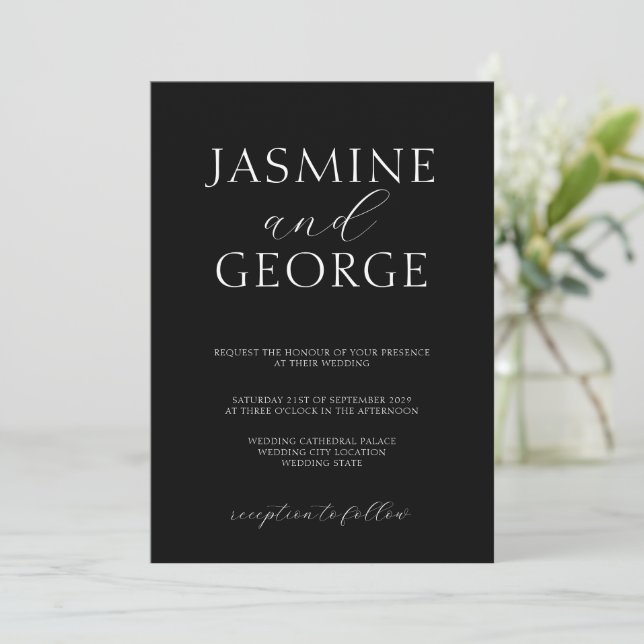 Convite Elegante Script Simples Moderno Casamento Preto (Em pé/Frente)
