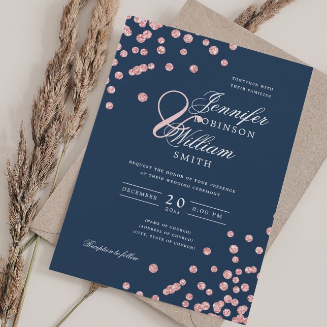 Convite Elegante Script Wedding Rosa Dourado Confetti Mari (Elegant Script Wedding Rose Gold Confetti Navy Blue Invitation)