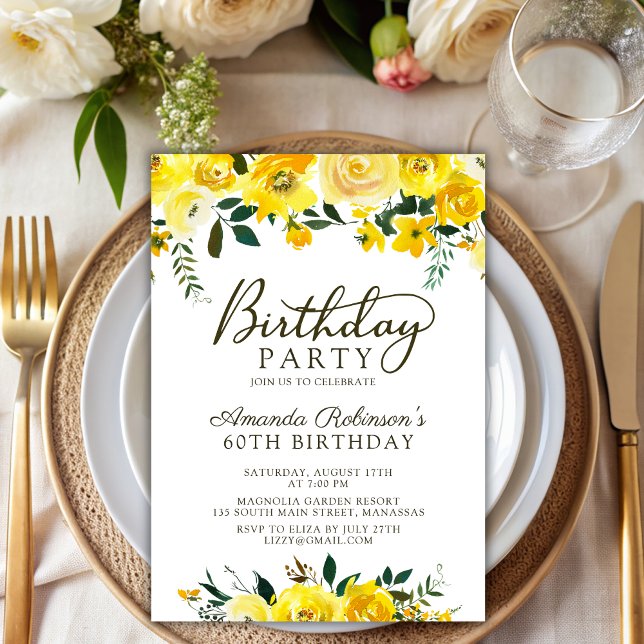Convite Elegante Script Yellow Rose Floral 60th Birthday (Criador carregado)