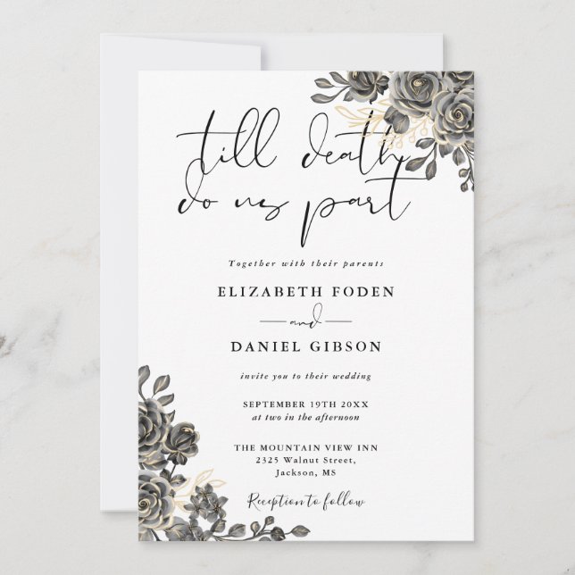 Convite Elegante Scripta Rosa Floral Casamento Gótico (Frente)