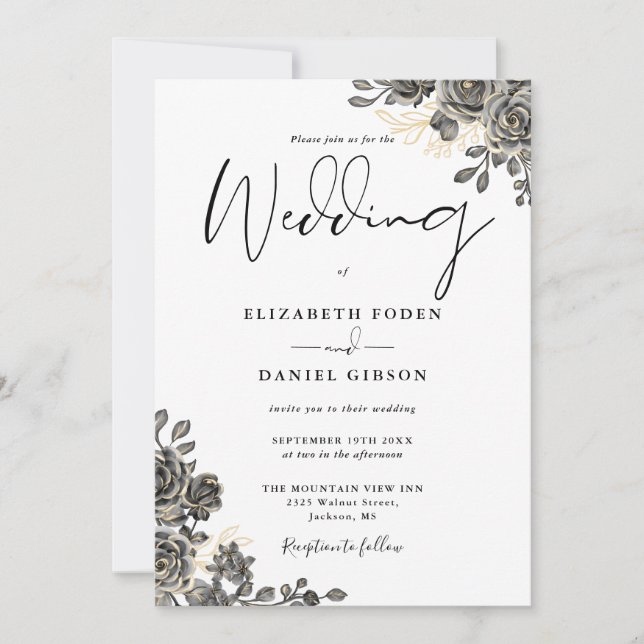 Convite Elegante Scripta Rosa Floral Casamento Gótico (Frente)
