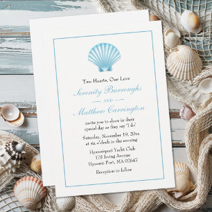 Convite Elegante Seashell Wedding Blue NMaritime Beach
