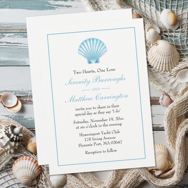 Convite Elegante Seashell Wedding Blue NMaritime Beach (Criador carregado)