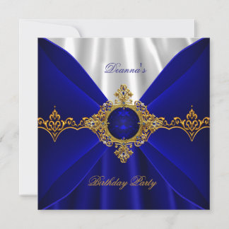 Convite Elegante Seda Azul Real Aniversário Joia Dourada B