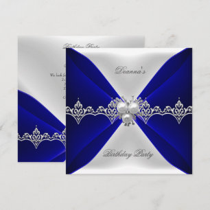 Convite Elegante Seda Branca Joia de Aniversário Azul Real