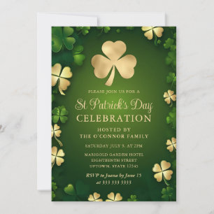 Convite Elegante Shamrock Verde e Dourado Dia de São Patrí