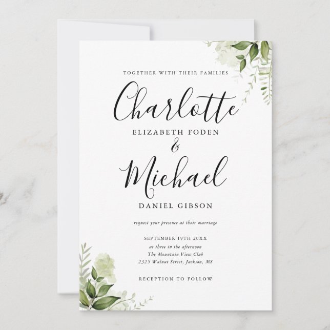 Convite Elegante Signature Script Greenery deixa casamento (Frente)