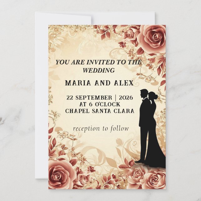 Convite Elegante Silhueta de Casamento em Meio a Desenho F (Frente)