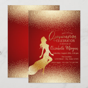 Convite Elegante Silhueta de Menina Dourada,Confetes Quinc