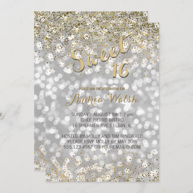 Convite Elegante Silver Bokeh Luzes Douradas Confetti Swee (Frente/Verso)