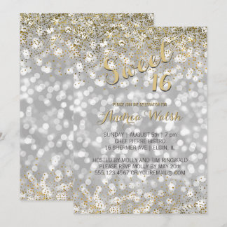 Convite Elegante Silver Bokeh Luzes Douradas Confetti Swee
