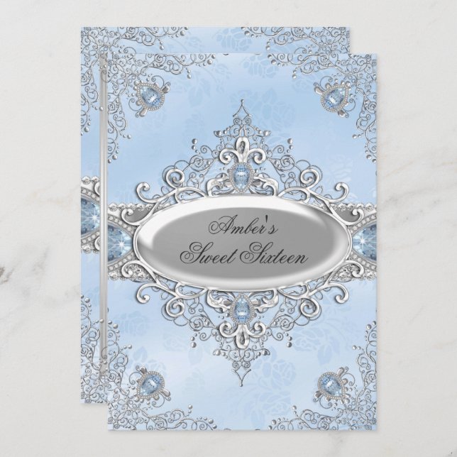 Convite Elegante Silver Damask & Blue Jewel Sweet 16 (Frente/Verso)