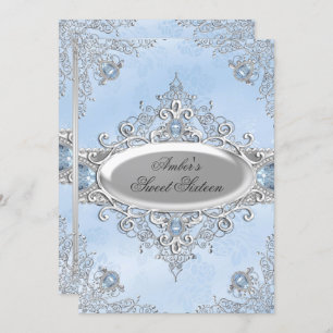 Convite Elegante Silver Damask & Blue Jewel Sweet 16