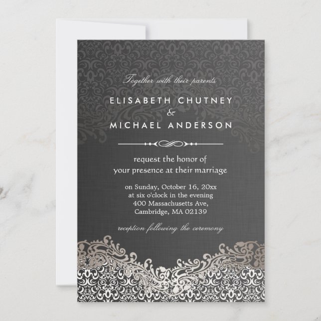 Convite Elegante Silver Damask - Casamento Formal Clássico (Frente)