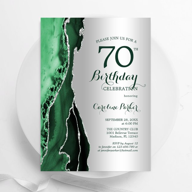 Convite Elegante Silver Emerald Green Agate 70 Birthday (Criador carregado)