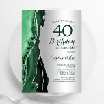 Convite Elegante Silver Emerald Green Agate aniversário de<br><div class="desc">Emerald Green e aniversário de 40 anos convite de festas prateado. Elegante design moderno com aquarela agate marble geode background,  faux glitter prata e tipografia. Trendy convida o cartão perfeito para uma comemoração de dia das mulheres na moda. Impressos convites Zazzle ou modelo de impressão digital instantânea para download.</div>