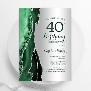 Convite Elegante Silver Emerald Green Agate aniversário de