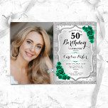 Convite Elegante Silver Emerald Green Foto 50º aniversário<br><div class="desc">Elegante convite floral feminino para o 50º aniversário com sua foto. Design com falso brilho de prata. Apresenta faixas, rosas verdes esmeraldas, fonte de script e confetti. Perfeito para uma festa de comemoração de na moda adulto. Personalize com seus próprios detalhes. Pode ser personalizado para qualquer idade! Impressos convites Zazzle...</div>