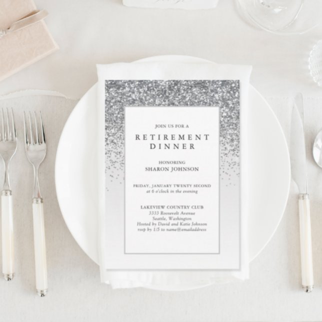 Convite Elegante Silver Glitter Business Retirement Party (Criador carregado)