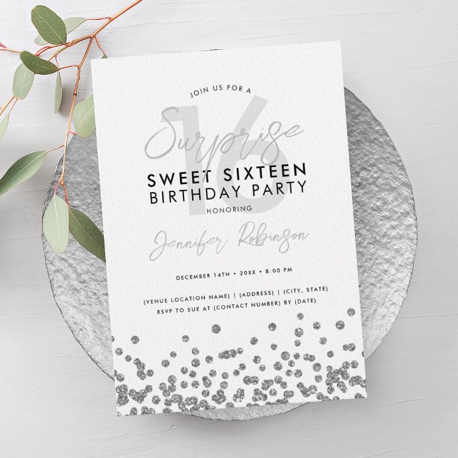Convite Elegante Silver Glitter Confetti Surpresa Sweet 16 (Elegant Silver Glitter Confetti Surprise Sweet 16 Invitation)