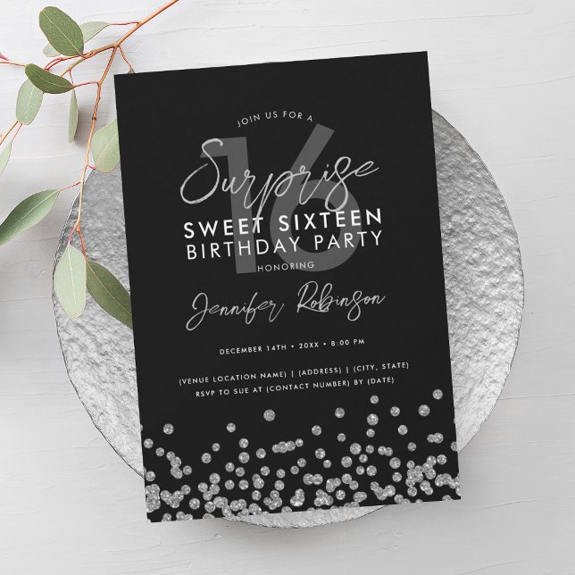 Convite Elegante Silver Glitter Confetti Surpresa Sweet 16 (Elegant Silver Glitter Confetti Surprise Sweet 16 Invitation)